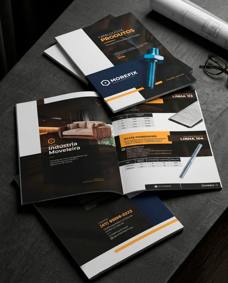 Catálogo industrial com layout estratégico para apresentação de produtos